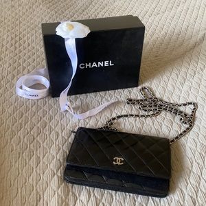 Black Chanel lambskin wallet purse on chain
